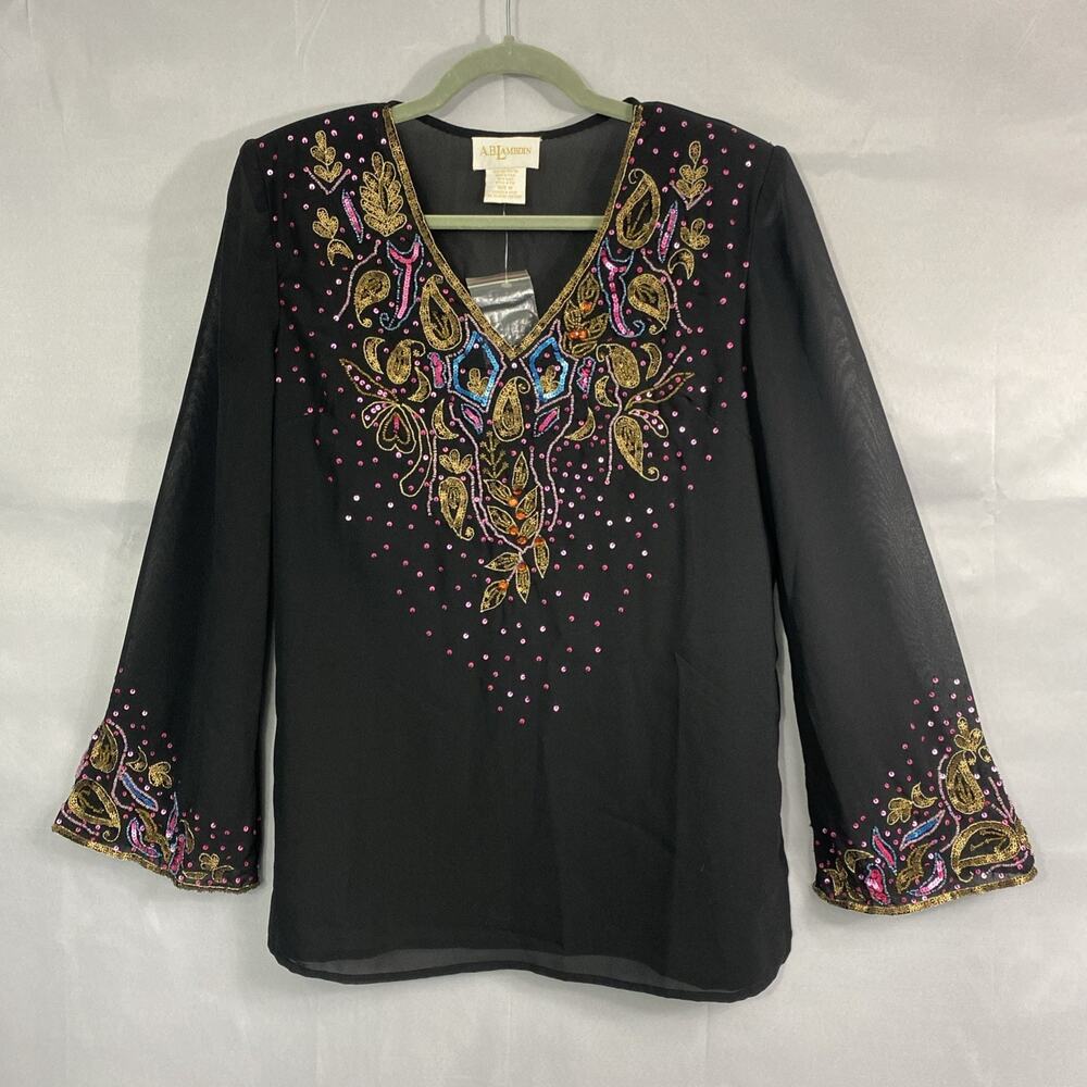 VTG A.B. Lambdin M Swimsuit Cover Top Beadot Sequins Boho Bell Slv Whimsigoth